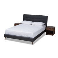 Baxton Studio CF9058-Charcoal-Queen Maren Mid-Century Modern Dark Grey Fabric Upholstered Queen Size Platform Bed with Two Nightstands